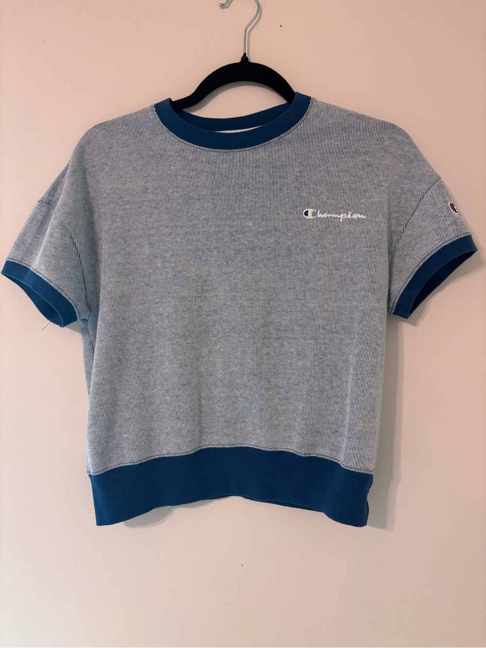 Champion Women’s Sporty Striped Ringer Tee Deep Teal Blue Size Small